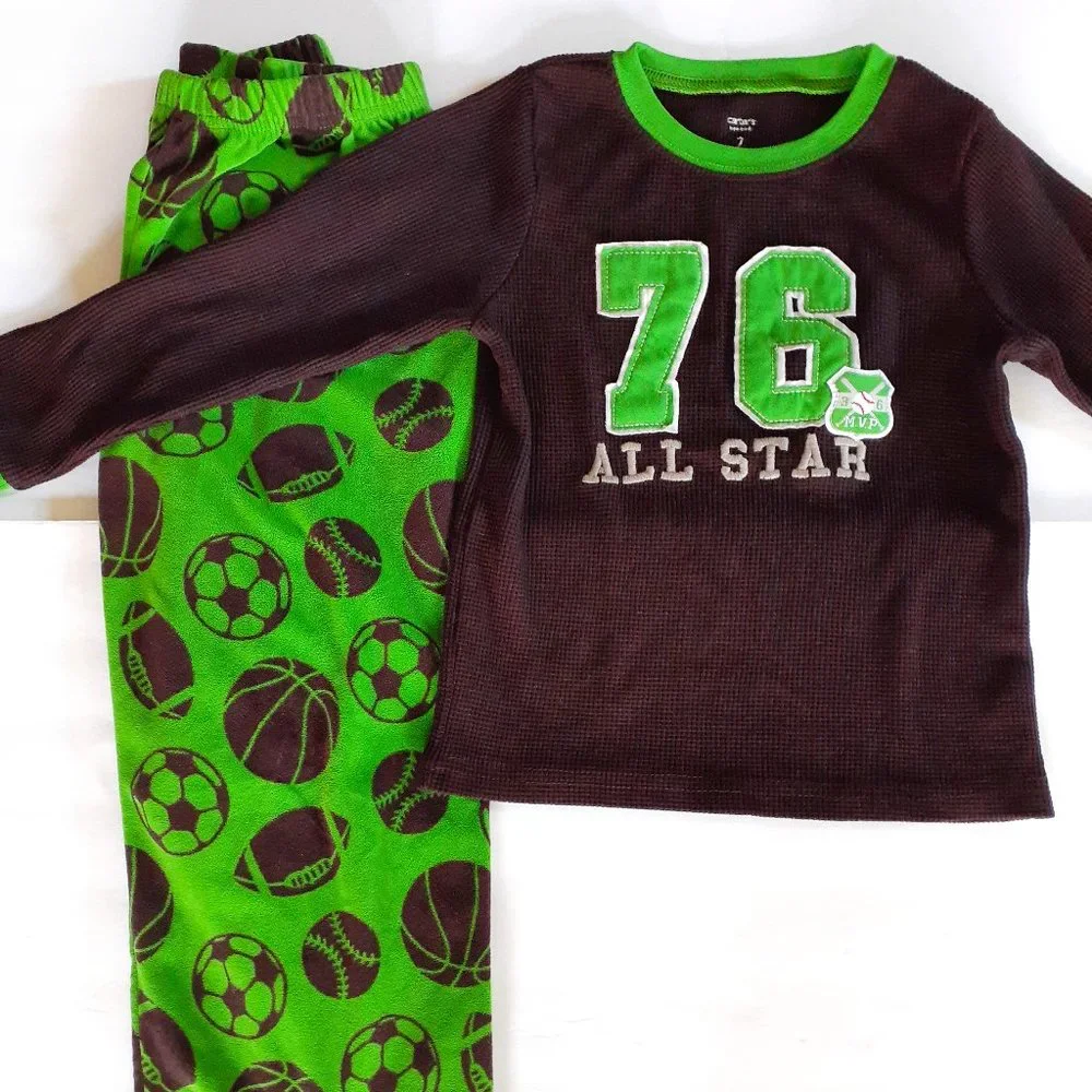 Carter's Boys Pajamas 2 Piece Sports Shirt Pants Waffle Fleece Long Sleeve 7